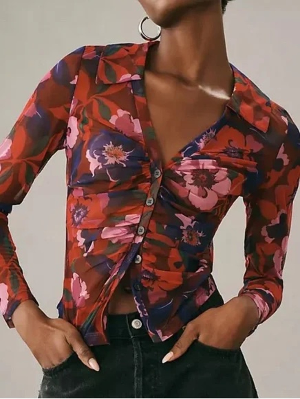 Anthropologie Red Floral Button-Front Mesh Top